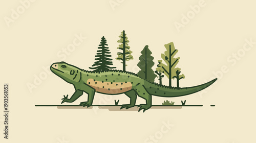 Stylized green lizard illustration walking through a forest with various trees. Flat design nature and wildlife cartoon character.