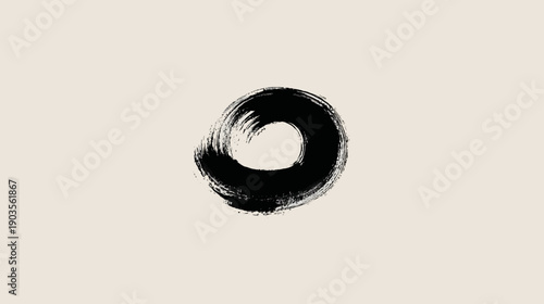Abstract minimalist black Enso circle brushstroke on a light beige background, symbolizing Zen philosophy and spirituality.