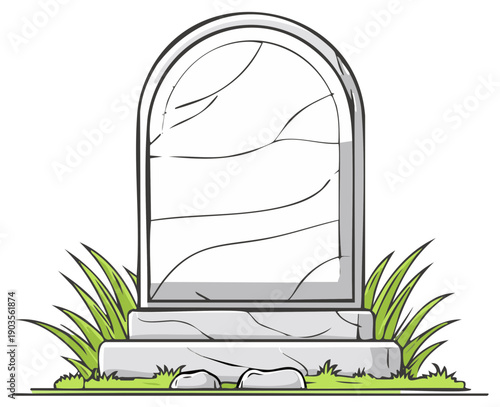 Cartoon headstone illustration with green grass, isolated