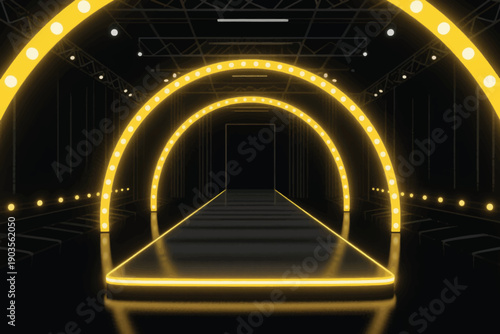 Futuristic neon runway with glowing arches, reflective floor, and dramatic lighting design for events or performances.