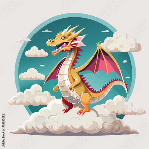 Cartoon Dragon on a Cloud, Illustration, Fantasy Character