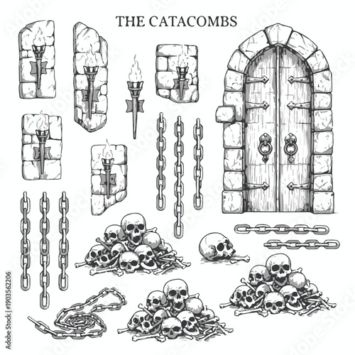 Hand Drawn Catacombs Graphic Elements Set with Stone Arch Door, Torches, Skulls, Bones, and Chains - 'THE CATACOMBS' isolated PNG with Transparent Background