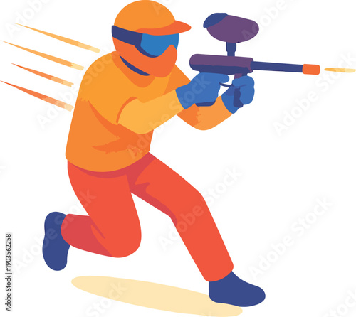 Paintball player aiming a paintball gun with orange projectiles