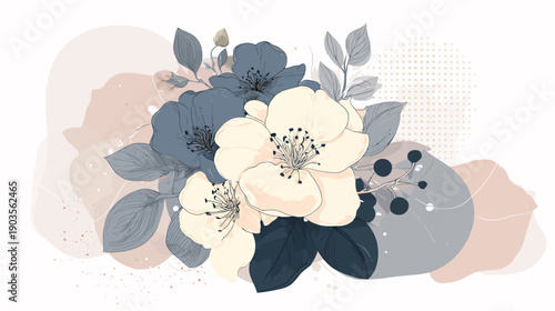 Sophisticated watercolor floral bouquet illustration with cream and dusty blue blossoms, natural leaves, and soft abstract background