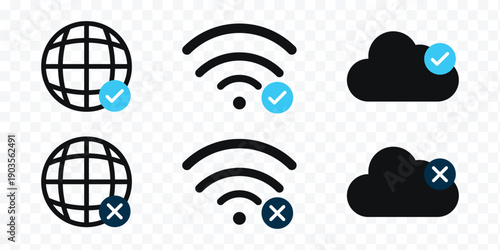 Internet connection status icon set. Online and Offline Internet Connection Icon set. no signal, and connected network states. No wifi vector icon set, ban wireless connection, stop internet signal
