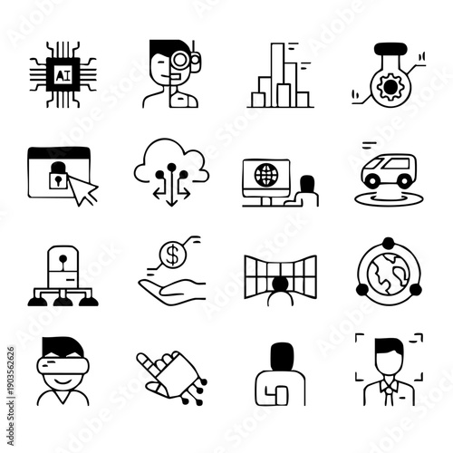High-quality vector illustration featuring modern flat design business, technology, and finance icons with clean lines and professional appeal for commercial use.