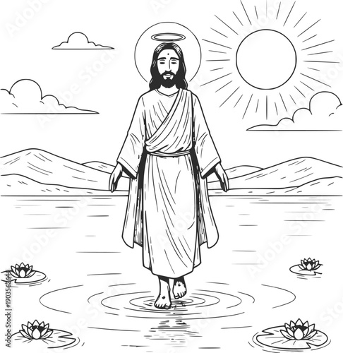 hand drawn illustration of jesus christ walking on water miracle with sun and mountains, black fill drawing, no white fills or background included