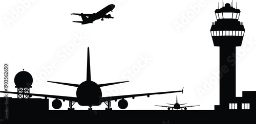 Airport runway airplane silhouette scene isolated on white background, air traffic control tower, commercial aviation travel vector illustration