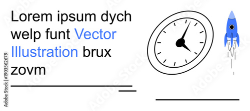 Innovation, time management, speed, goal setting, productivity, space exploration. A rocket launching next to a clock with placeholder text. Innovation and time management concept