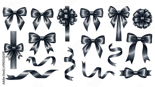 A collection of elegant black satin bows and shiny, curled ribbons for gift wrapping and decoration.