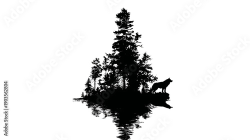 Mysterious black silhouette of a wild wolf standing on a forest edge with tall pine trees reflected in calm water, nature design.