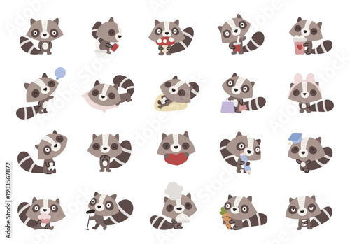 Raccoon character set in scandinavian style showing different emotions and poses including sleeping, studying, cooking, shopping, celebrating, reading, singing relaxing and holding food