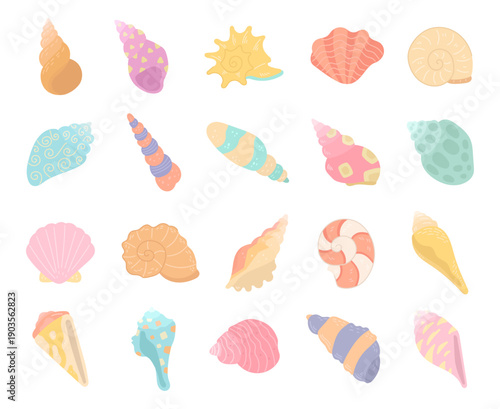 Ocean shell set in scandinavian style featuring marine conch shapes designed perfect for coastal beach nature themed visual design usage