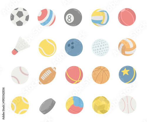 Sport set in scandinavian style featuring equipment training recreation indoor outdoor activities balls soccer tennis basketball baseball volleyball golf hockey