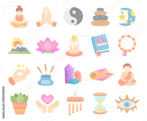 Spiritual meditation set in scandinavian style featuring mindfulness practices symbols objects rituals balance awareness harmony yoga nature spirituality time protection