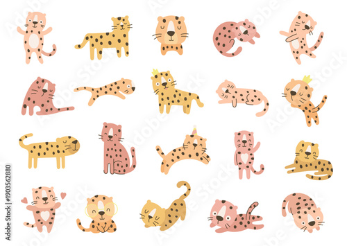Cute cartoon leopard character set in scandinavian style with spotted wild animal poses for your charming illustration educational design purpose and children themed creative projects