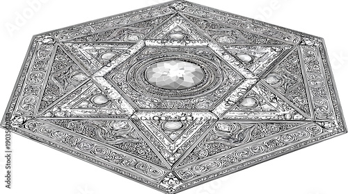 Ornate classic ceiling medallion with intricate symmetrical baroque patterns and floral scrollwork. Vintage decorative architectural detail illustration.