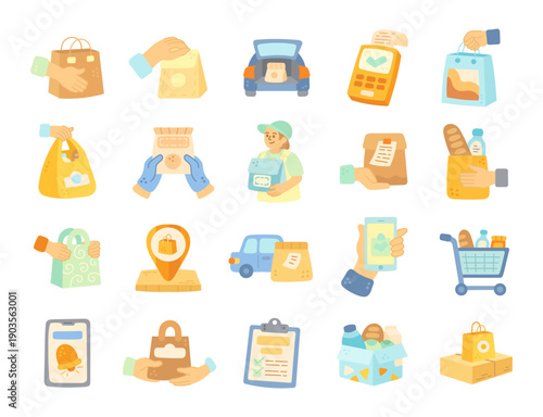 Service delivery set in scandinavian style showing courier transport parcels packages groceries food payments pickup points carts notifications smartphones receipts