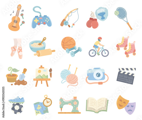 Hobby activities set in scandinavian style featuring music sports crafts gaming cooking travel photography reading theater tools fitness gardening sewing