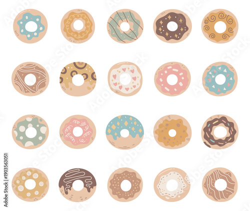 Delicious donut set in scandinavian style featuring bakery desserts pastry rings glazing icing sprinkles breakfast snack treat assortment food