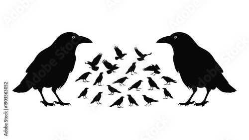 Two large crows facing each other with a flock of smaller birds between them Vector