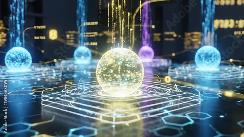 Futuristic glowing spheres emitting beams of light, data visualization
