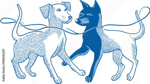 Stylized blue and white illustration of two dogs interacting, connected by flowing lines, symbolizing friendship and duality