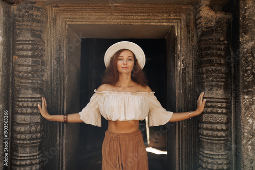 Ta Prohm Temple Traveler Posing In Ancient Stone Doorway, Cambodia