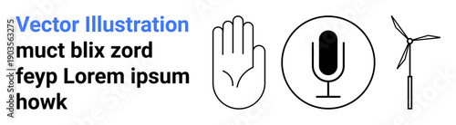 Communication tools, renewable energy, ecological symbols, clean technology, eco-friendly design, environmental awareness. Minimalist hand, microphone and wind turbine icons. Communication