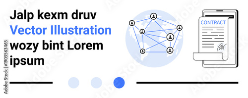 Digital contract on tablet alongside connected network model with user icons, reflecting collaboration, remote work, global reach, secure deals, digital agreements, teamwork, simple landing page