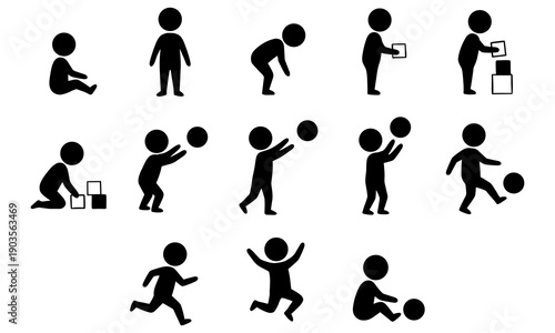 Black silhouette illustration set of child development stages showing sitting, standing, walking, playing with blocks and ball, running, jumping activities