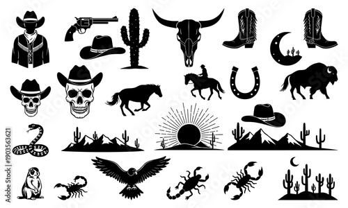 Black wild west silhouette icon set featuring cowboy, revolver, skull, horse, bison, cactus, boots, sun, moon, and desert symbols