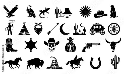 Black wild west silhouette icon set with cowboy, horse, desert animals, skull, cactus, revolver, sheriff star, wagon, sun and moon
