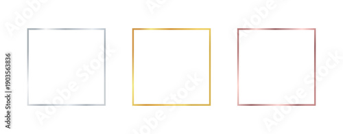 Metallic square frame set. Silver gold and rose border outlines. Minimal luxury geometric frames. Creative use for branding, invitations, posters and social media