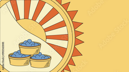 Colorful illustration of bread rolls and a sunburst with a golden loaf