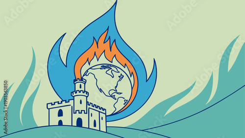 A stylized illustration of a building engulfed in fiery flames and surrounded by water