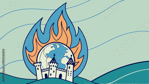 A whimsical castle emerging from a fiery, oceanic explosion of colors and light