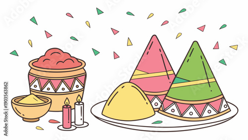 Colorful cake and ice cream desserts with festive decorations around them