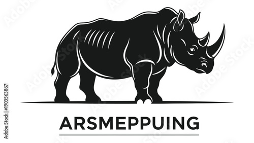 Black and white illustration of a rhinoceros with the text arsmeppuing underneath Vector