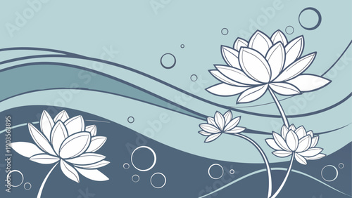 Elegant floral design with blue and white watercolor waves and lotus motifs