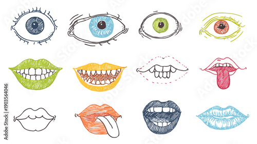 Collection of whimsical hand-drawn doodle eyes and mouths with various colorful expressions and scribbled textures on white background.