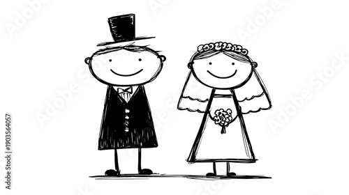 Happy stick figure bride and groom wedding illustration. Hand-drawn doodle sketch of a joyful married couple in black and white.