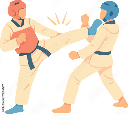 Two taekwondo fighters in action on white background