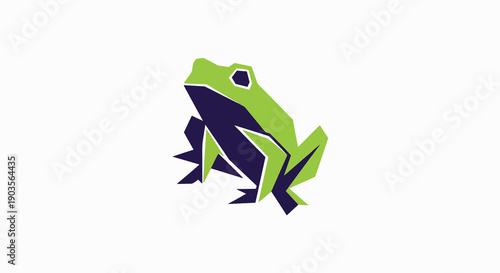 A stylized illustration of a green and purple frog sitting in profile against a white background.