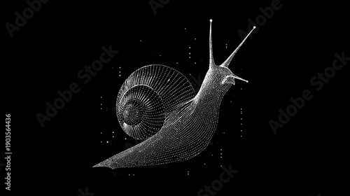 Abstract digital wireframe snail illustration on black, futuristic technology concept, low poly 3D render, data visualization.