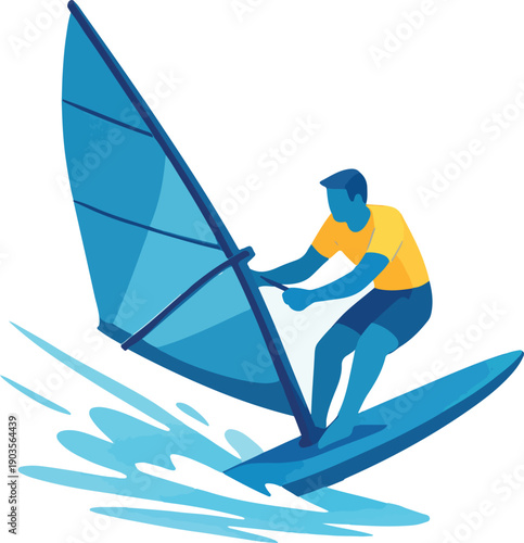 Windsurfer on blue surfboard with blue sail on white background