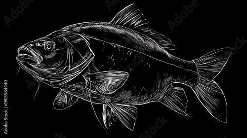 Stylized white chalk sketch illustration of a freshwater carp fish with whiskers on a black background, animal artwork