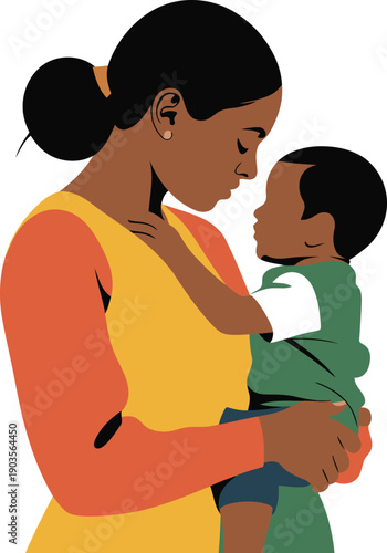 Vector illustration of a black mother holding her child, loving maternal bond, scalable eps art