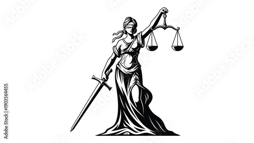 Statue of justice with sword and scales symbolizing law and fairness. Vector