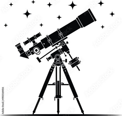 Telescope silhouette illustration, astronomy stargazing icon, celestial observation graphic, night sky design pack, black and white artwork